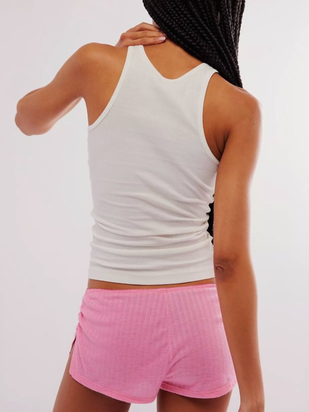 Floral Ribbed Racerback Tank Top - White with Green & Pink Flowers - Picture 2 of 12